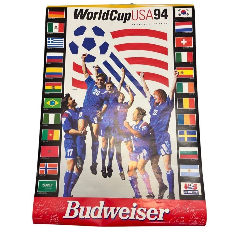 Vintage 1994 World Cup USA Budweiser Poster Soccer USA 94 Flags 29x20